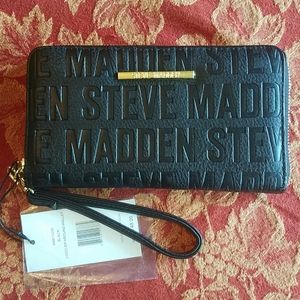 STEVE MADDEN Black Logo Zip Wallet Purse Clutch